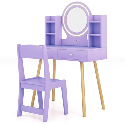 GYMAX Kids Vanity Table and Chair, Wooden Girls Dressing Tables with 2-Color LED Lighted Mirror, 2 Drawers and Storage Shelves, Children Makeup Desk Set for 3 Years Old+ (Purple)