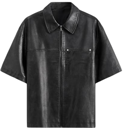 Generisch Giacca da uomo a maniche corte in PU, in similpelle, T-shirt, outfit da festa, camicia casual, look bagnato, slim fit, top, maglietta muscolosa con tasche, giacca in pelle, abbigliamento da