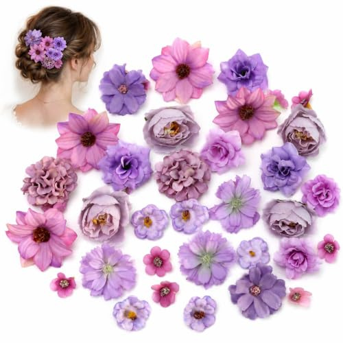 WHJYCC 25PCS Artificial Flower Heads In Purple Pink - Silk Faux Craft Flowers For Cake Decorations Wall Panel DIY Party Bridal Bouquet & Wedding Hair Accessories Home Décor Gift Wrapping (Purple Mix)