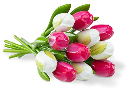 Bouquet de Tulipes en Bois Rose Blanc mélange de 11 Tulipes 34 cm de Haut Bouquet Peint à la Main Fausses Fleurs Cadeau décoration d'anniversaire fabriqué en Hollande