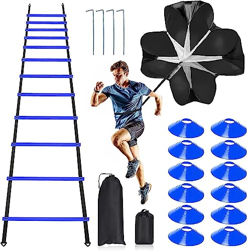 Pro Speed Agility Training Set,Includes 12 Rung 20ft Adjustable Agility Ladder with Bag,12 Sports Cones,4 Steel Stakes,1 Resistance Parachute for Kids Adults Football Speed Training Workout