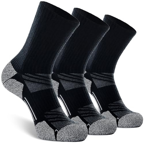 CWVLC Hiking Crew Socks, 3-Pack Men Women Boot Socks for Walking, Hunting, Camping, Winter Outdoor Work, Cosy Cushion, Moisture Wicking, Arch Compression, Anti Blister, Large, Black