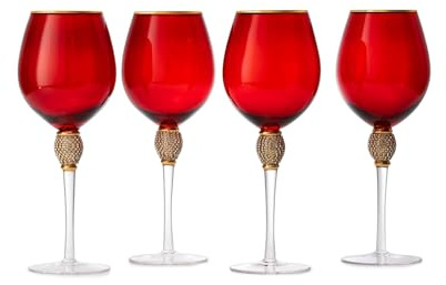 Large Red Diamond Wine Glasses, Christmas, Holiday, & Weddings, 10 H Gold Rim Rhinestone DIAMOND Studded Glasses - Wedding Glasses - 18oz, Premium Bling Designed Glassware, Crystal Long Stem Glass