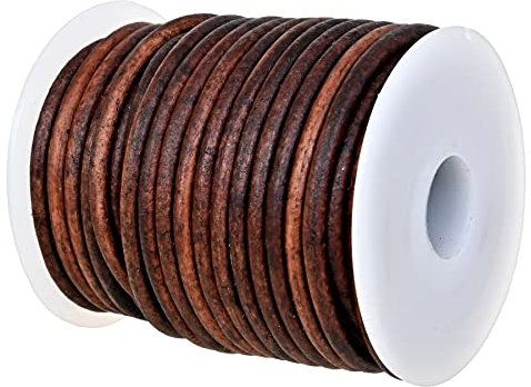 GENIQUE Real/Genuine Round Leather Cord for Jewelry Making, Leather String Cord for Crafting, Necklace, Bracelets, Braiding, Wraps (3mm, Antique Brown Distressed)