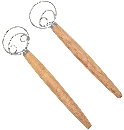 Danish Dough Whisk Dänischer Schneebesen Dough Mixer Bread Egg Beater Wooden Long Handle No Rusting For Baking Bread Pastry Dessert Pizza Dough Set Of 2