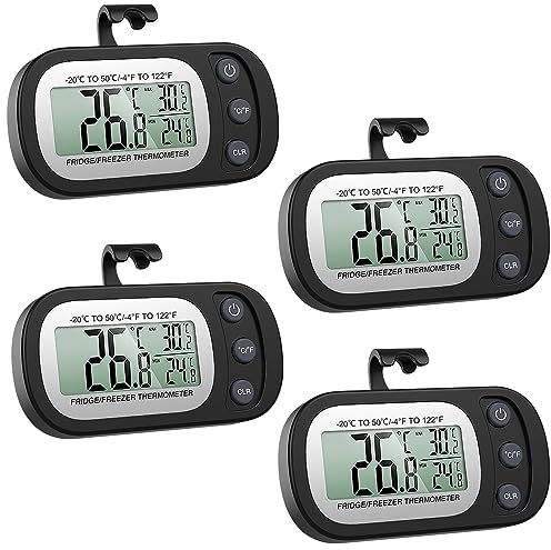 Lotvic Fridge Thermometer Digital, 4PCS Refrigerator Thermometers, Freezer Thermometer with Large LCD Display Min/Max °C/°F Function, Fridge Thermometers UK for Freezer Refrigerator (4 Pack Black)