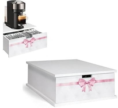 mille idee Organizer in Legno Porta Cialde Porta Capsule Cassetto Contenitore Bianco sotto Macchinetta Caffè cm 27x33x11 fiocco rosa