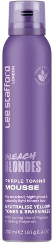 Lee Stafford Purple Toning Mousse | Bleach Blondes Volumising Mousse - Violet Colour Correcting Blonde Toner & Styling Foam, Neutralize Brass & Yellow Tones, for Colored, Silver, & Grey Hair, 200ml