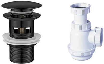 Ibergrif M20502B Bombe Vidage Salle de Bain, Bonde lavabo avec Trop Plein, Pop Up, Noir, M et Wirquin 30723130 Siphon de lavabo et Lave-Mains à culot Court, Blanc