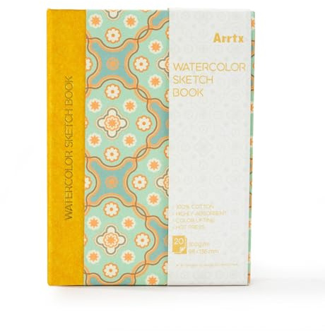 Arrtx Vattenfärg skissbok, 100 % bomull syrafri 63 kg/300 gsm varm press inbunden akvarell journal anteckningsbok, 20 ark 13,6 x 9,8 cm