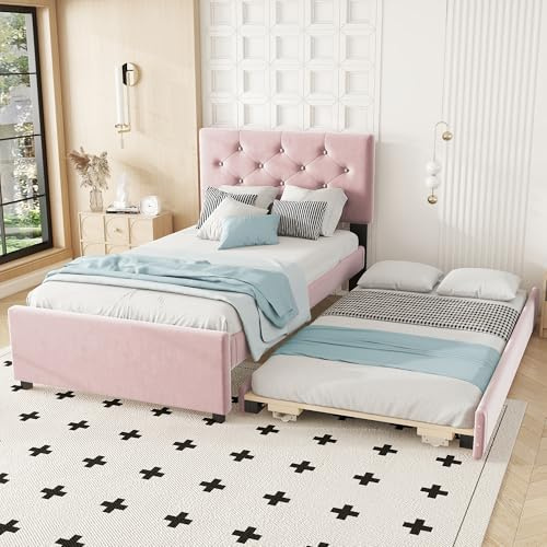 Dolamaní Letto imbottito letto singolo 90 x 200 cm velluto con letto estraibile stessa altezza può essere installato a sinistra o a destra, minimalista per adolescenti adulti (rosa)