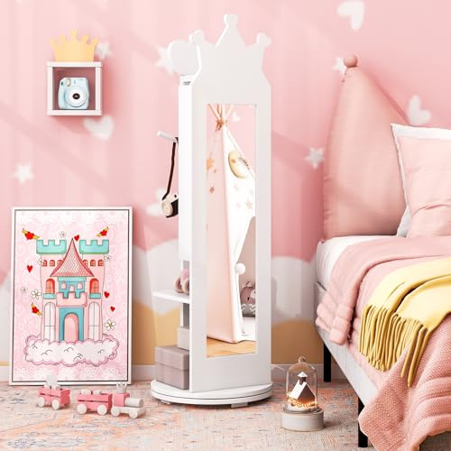 RELAX4LIFE 4 in 1 Armadietto Portagioie per Bambini, Specchio da Terra con Base Girevole a 360° e Appendiabiti, Ideale per Cameretta, 36 x 36 x 112 cm (Bianco)