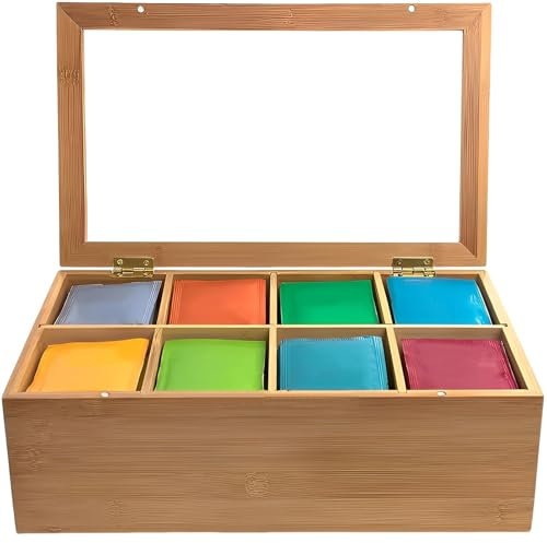 KTCINA Bamboo Tea Bag Organizer, 8 Compartments Wood Drawer Storage Holder Tea Storage Chest with Clear Lid Multipurpose Chest Box for Coffee Station, Sugar, Sweeteners, Small Packets (8 Grids)
