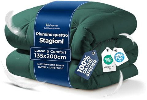 UNIKOME Edredón de Plumas y Plumón Cama 105/120, 100% Algodón, Relleno Nórdico Plumón para 4 Estaciones, Diseño con Pliegue Pinzado, Certificado Oeko-Tex (Verde, 155x220cm)