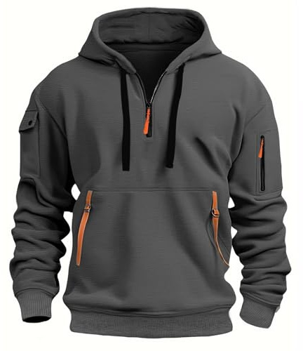 NLAND Uomo Felpe con Cappuccio a Mezza Zip Tasca Multifunzionale Casual Felpa Sportiva in Pile Pullover con Cappuccio,Grigio Scuro XL