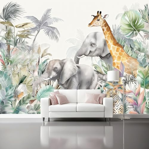 Jungle Animals Photo Wallpaper Mural - Wall Non-Woven Watercolor Wallpaper for Living Room Bedroom, Indoor Light Gray Wall Painting for Tv Backdrop Kids Room 400 x 280 cm (W x H)