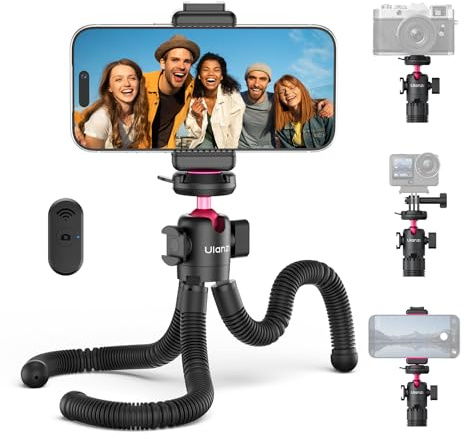 ULANZI MT91 Cka treppiede octopus, Asta per selfie con gambe flessibili, telecomando bluetooth, adattatore per action camera e clip telefono, Cavalletto fotografico compatibile con iPhone/Canon
