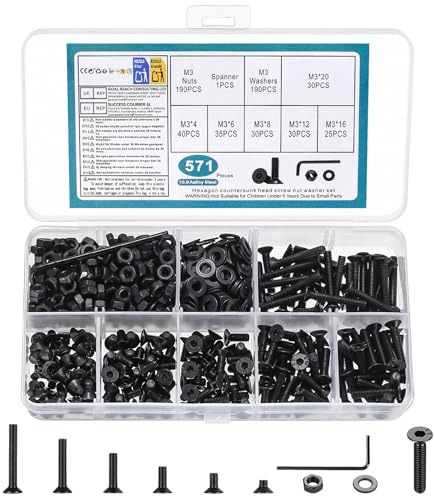 M3M4M5M6M8 Screws Bolts Set, 155-1144 Pcs Hex Socket Flat Head Countersunk Assortment Kit, Machine Screws Nuts Washers with Allen Wrench for Electronics Furniture Repairs (Black) (571pcs M3)