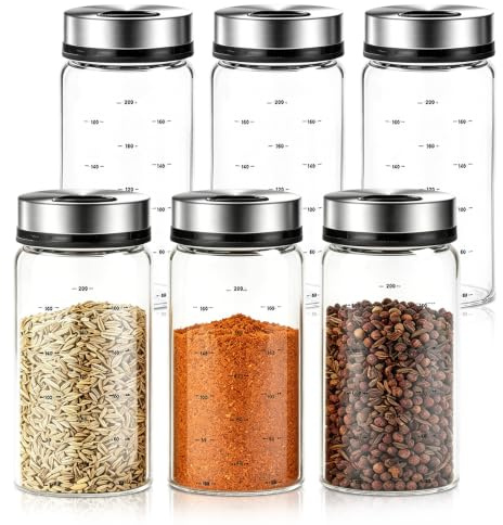 PORFOYO 6 stycken kryddburkar med lock på 200 ml, borosilikatglas kryddströare, kryddburkar stora med 3 typer av kryddhål, för kök, matsal, grillning och utomhus
