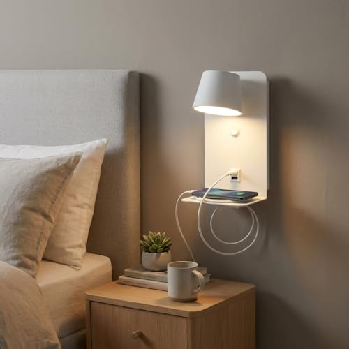 BARCELONA LED vit LED-vägglampa med USB och USB-C, 6W läslampa vridbar 350°, med hylla för mobil, varmvit 2700K, för sovrum, kontor, trappa, matsal, café, hall vardagsrum