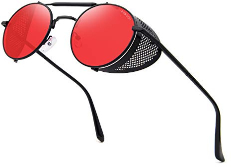 RONSOU Steampunk Style Round Vintage Sunglasses Retro Eyewear UV400 Protection Matel Frame black&red