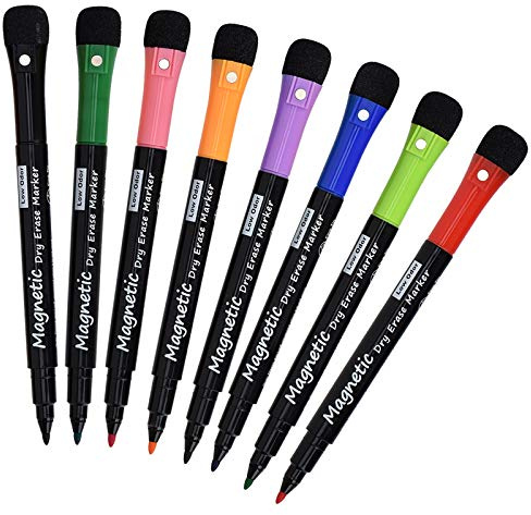 Magnetic Dry Erase Markers, (8 Pack) Dealkits Low Odor White Board Markers Whiteboard Markers with Erasers for Kids Teacher Supplies for Classroom Work on White Board, Calender, Fine Tip Point