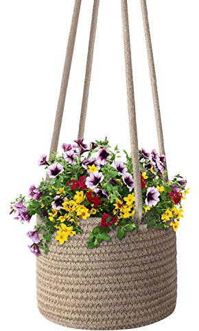 Flexzion Cesta Colgante para Plantas de Algodón Estilo Bohemio, Maceta de hasta 7 Pulgadas, Organizador de Macramé y Almacenamiento para Decoración del Hogar, Cuerda de 50,8 cm, Color Marrón