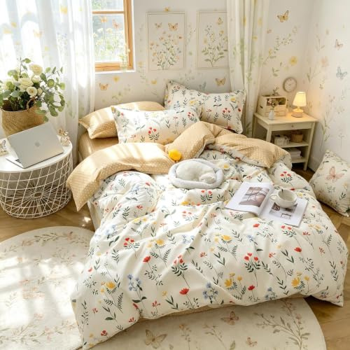 Loussiesd Floral Printed Duvet Cover For Kids Girls Women Yellow Flowers Bedding Set Pattern Comforter Cover Nature Botanical Theme Quilt Cover Double Size Room Decor With 2 Pillow Case