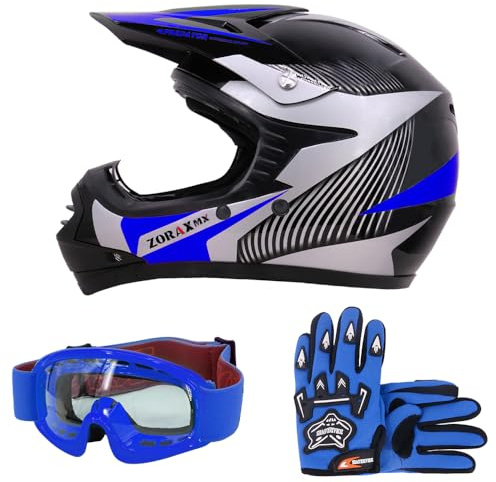Zorax ZOR-X19 Youth Motocross Helmet & Gloves & Goggles | Blue XL (55-56cm) - Gloves XL(8cm) Junior Dirt Bike Off Road Motorcycle Crash Helmet ECE 2206