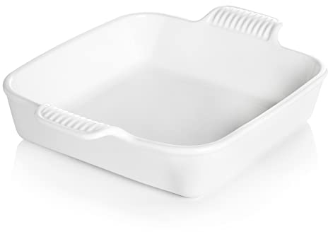 Sweejar Ceramic Baking Dish, 9 x 9 Cake Baking Pan for Brownie, Porcelain Square Bakeware with Double Handle for Casserole, Lasagna, Family Dinner (White)