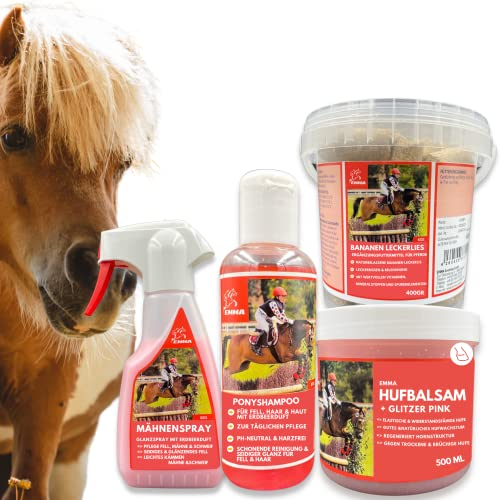 Pferde Leckerlies + Pferde Shampoo + Huffett Pferde + Mähnenspray für Pferde, Leckerli Pferd Banane - Schweifspray für Pferde - Hufpflege bei Strahlfäule Pferd Set 4tlg - Pferde Mädchen Geschenk