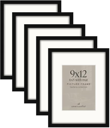 Americanflat 9x12 Picture Frame in Black - Displays 6x8 With Mat and 9x12 Without Mat - Set of 5 Frames with Sawtooth Hanging Hardware For Horizontal and Vertical Display