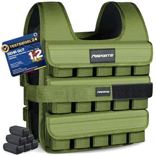 MSPORTS Gilet de poids Premium réglable 5-30 kg | Course pour homme et femme | Entraînement de fitness (20 kg, Vert militaire)