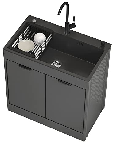 Fregadero con Patas de Acero Inoxidable Exterior para Jardín Negro - Mueble de Cocina y Lavandería Portátil con Grifo y Desagüe, Estación de Trabajo para Preparación