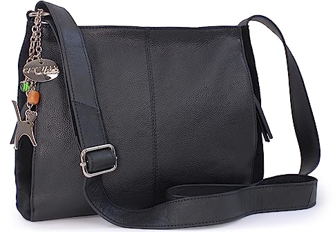 Catwalk Collection Handbags - Borsa a Tracolla Media in Pelle e Camoscio - Borsa a Mano Donna - Formato A5 - Charlotte - Nero