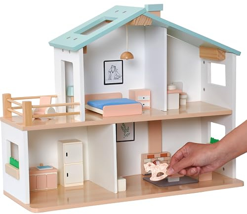 Jewelkeeper Puppenhaus Holz - Mehrfarbig - Spielpuppenhaus für Kinder ab 3+ - 20 Teile - Aus Holz und Stoff - Großartig für die Augen-Hand-Koordination