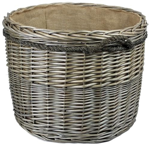Range of large Antique grey Wicker log baskets. Rope handles. Wood & kindling storage for fireplace. Or shoes toys washing clothes bin (100 litres, Round)