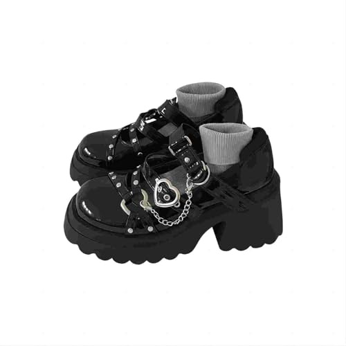 Punk Fashion Black Chain Heart Buckle Female Lolita Cute Mary Janes Pumps Platform Wedges High Heels Women's Sweet Gothic Punk Shoes