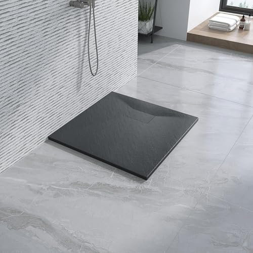 Duschtasse Duschwanne 80x80 cm flach schwarz ebenerdig Steinoptik Anti-Rutsch Zuschneidbar ohne Siphon und Ablaufgarnitur