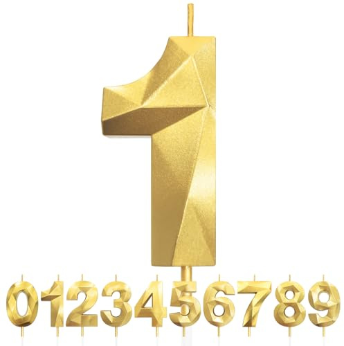 1st Birthday Candles, Number 1 Candle, Gold Birthday Candles for Cake, Diamond 3D Happy Birthday Cake Candle Decorations for Birthday Party Wedding Anniversary Celebration Supplies