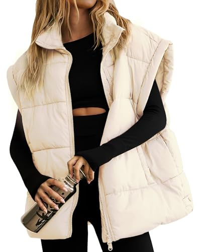 Fengbay Ridväst dam, damvästar ärmlös med ståkrage lätt quiltad väst vadderad dunväst för höst och vinter, Beige-1305, XL