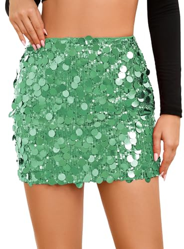 JasGood Pailettenrock für Damen Glitzer Rock Kurz Damen Sexy Minirock Hüftrock mit Elastische Taille Skirt für Party Rave Outfit Karneval Silvester,Grün,L