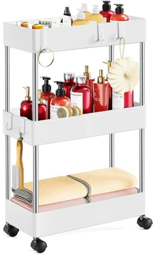 ruitao Slim Storage Trolley on Wheels Kitchen Trolleys Metal 3-Tier Trolley for Book Beauty Craft Trolleys Rolling Utility Storage Cart for Room Bathroom Office, Plastic & Stainless Steel