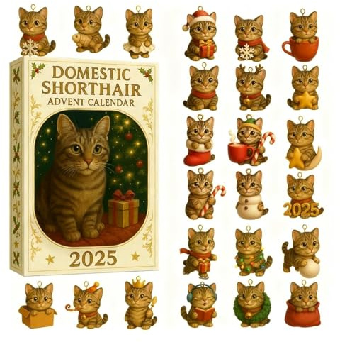 Adventskalender 2025 katt, 2D adventskalender present för vuxna vänner barn kattägare och älskare, jul nedräkning gåva 24 designer katter berlock julgransprydnad 1 set