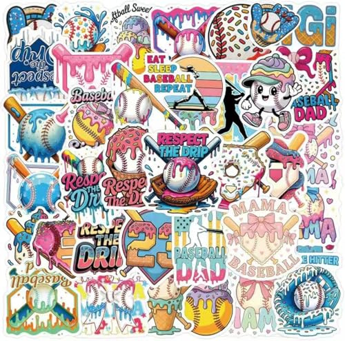 Ice Cream Drip Baseball Stickers 50Pcs, Waterproof Vinyl Stickers for Adults Teens, Laptop Stickers, Water Bottle Stickers for Kids, Funny Meme Decals for Phone Luggage Accessories