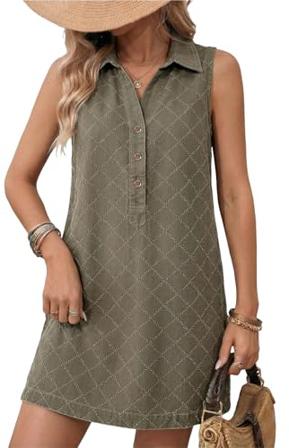 Dokotoo Denim Dress Casual Sleeveless Summer Dresses for Women Fashion 2026 V Neck Shift Womens Elegant Button Spring Mini Jean Dress with Pockets Green Large