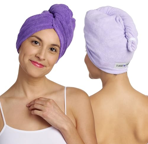 Turbie Twist Paquete de 2 toallas de microfibra para el cabello, para belleza, viajes, regalos, turbante para cabello liso, ondulado y rizado, cuidado personal premium, morado oscuro y morado claro