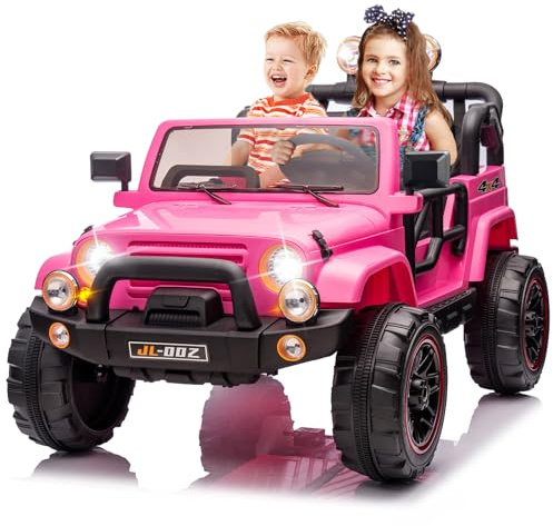 2 Seater Ride On Truck and Car Cover, 12V Children's Electric Car with Parental Remote Control, Music, Bluetooth, MP3 Player, LED Lights, Spring Suspension, Pink