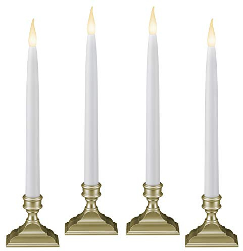 612 Vermont Battery Operated LED Taper Window Candles with Timer (6 on/18 Off), Patented Warm White Dual LED Flicker Flame, VT-1660P-4 (Pack of 4, Pewter)