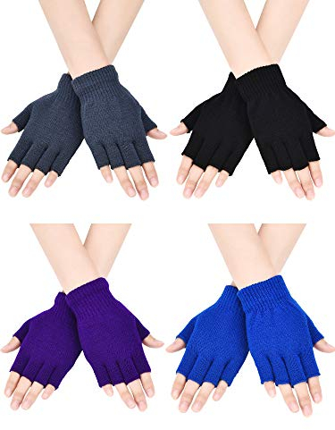 Bememo Fingerlose Handschuhe, Halbfinger-Handschuhe, Winter, einfarbig, gestrickt, für Jungen und Mädchen, 4 Paar, Schwarz, Grau, Königsblau, Violett, 5.5 x 3.9 inches